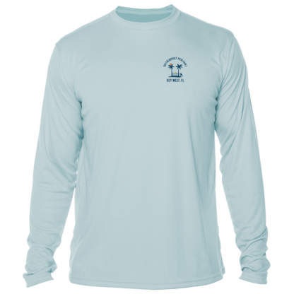 A light blue Southernmost Pickleball Beach Side Long Sleeve Performance Shirt with a logo on it.