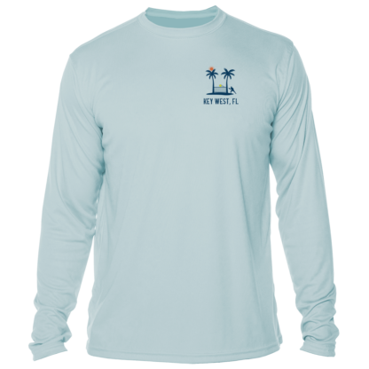 A light blue Southernmost Pickleball Logo long sleeve performance shirt with a palm tree on it.