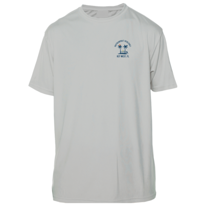 A Southernmost Pickleball Beach Side Short Sleeve Performance Shirt with a blue logo on it.
