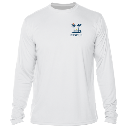 A white Southernmost Pickleball Logo Long Sleeve Performance Shirt with an image of a palm tree.
