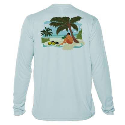 A Key West Sun Shirts - Between Dives - UV Hoodie with an image of a man on the beach with a palm tree.