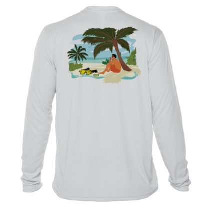 A Key West Sun Shirts - Between Dives - UV Hoodie with an image of a man on a beach with a palm.