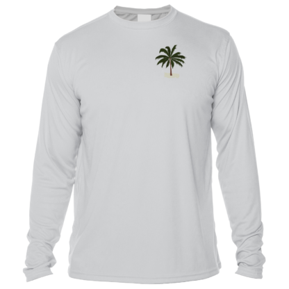 A white long-sleeve Key West Sun Shirts - Between Dives - UV Hoodie with a palm tree on it.