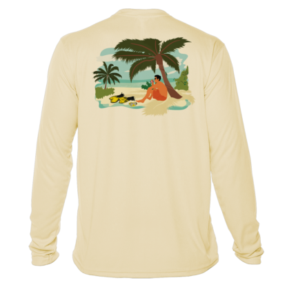 A Key West Sun Shirts - Between Dives - UV Hoodie with an image of a man on a beach with palm trees.