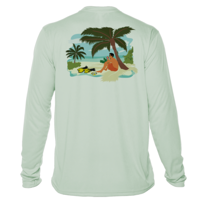 A men's long sleeve Key West Sun Shirts - Between Dives - UV Hoodie with an image of a man on a beach with palm trees.