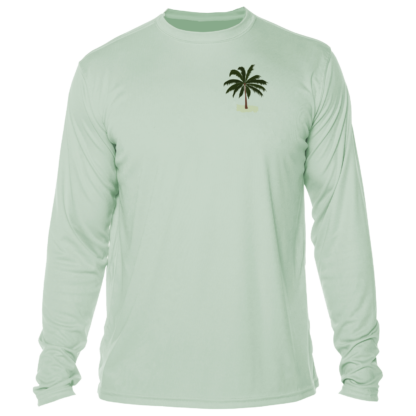 A Key West Sun Shirt - Between Dives - UV Hoodie with a palm tree on it.