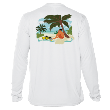 A Key West Sun Shirts - Between Dives - UV Hoodie with an image of a man on a beach.