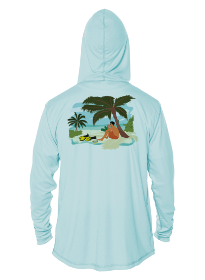 A Key West Sun Shirts - Between Dives - UV Hoodie with an image of a beach and palm trees.