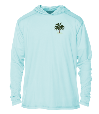 A light blue Key West Sun Shirts - Between Dives - UV Hoodie with a palm tree on it.
