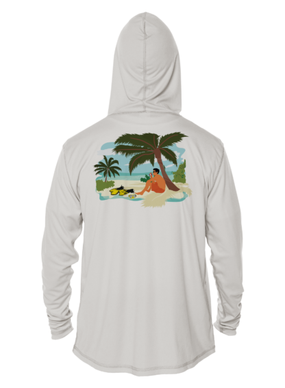 A Key West Sun Shirts - Between Dives - UV Hoodie with an image of a beach and a palm tree, perfect for the performance shirt enthusiasts.