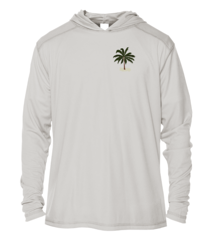 A white Key West Sun Shirt - Between Dives - UV Hoodie with a palm tree on it.