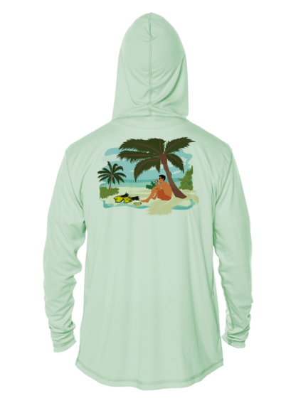 A Key West Sun Shirts - Between Dives - UV Hoodie with an image of a beach and palm trees.