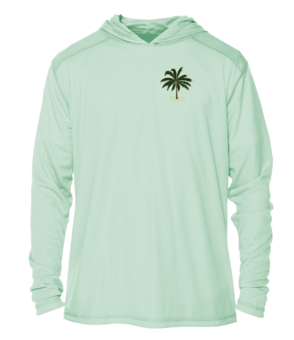 A men's Key West Sun Shirts - Between Dives - UV Hoodie with a palm tree on it.
