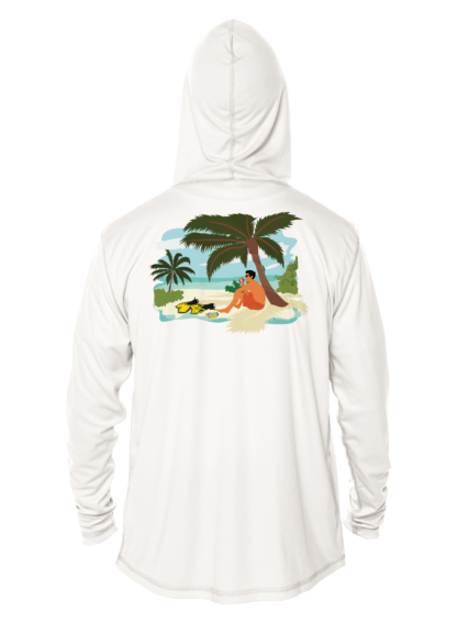 A Key West Sun Shirts - Between Dives - UV Hoodie with an image of a beach and a palm tree.