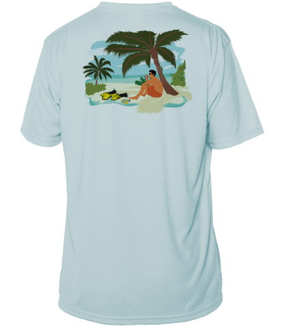 A light blue Key West Sun Shirt - Between Dives - UV Hoodie with an image of a man on a beach.