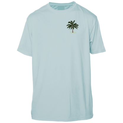 A light blue Key West Sun Shirt - Between Dives - UV Hoodie with a palm tree on it.