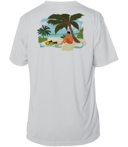 A white Key West Sun Shirt - Between Dives - UV Hoodie with an image of a man on a beach under a palm tree.