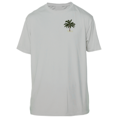 A Key West Sun Shirts - Between Dives - UV Hoodie with a palm tree on it.