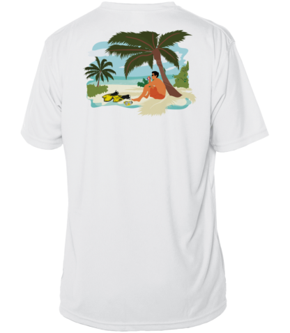 A Key West Sun Shirts - Between Dives - UV Hoodie with an image of a man on a beach.