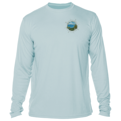 A light blue long-sleeve UV shirt with an image of a lake and mountains.