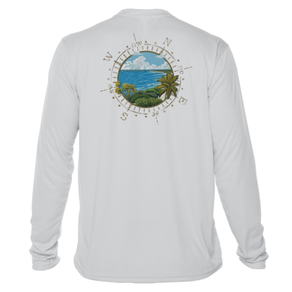 A white long-sleeve rash guard with an image of the ocean and a compass.