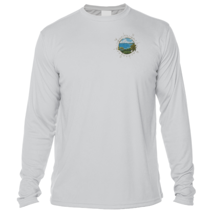 A white long-sleeve performance shirt with an image of a mountain and a lake.