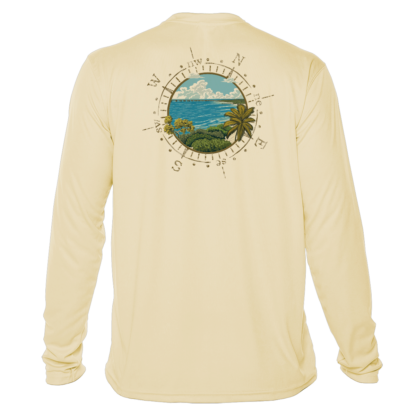 A men's long sleeve UV shirt with an image of the ocean and a compass.