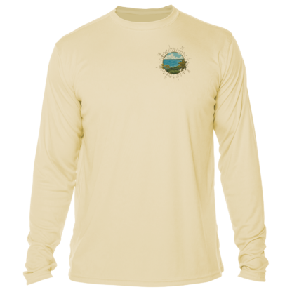 A men's beige long-sleeve t-shirt with an image from the keys.