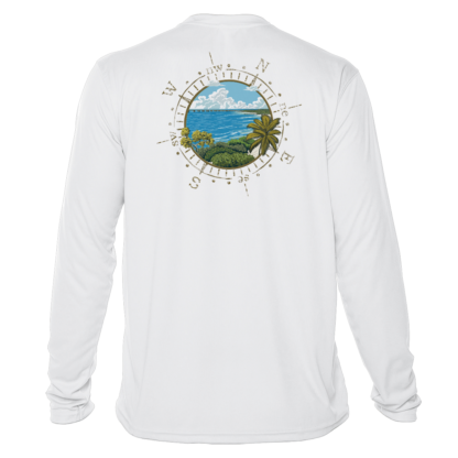 A white long-sleeve performance shirt with an image of the ocean and a compass.