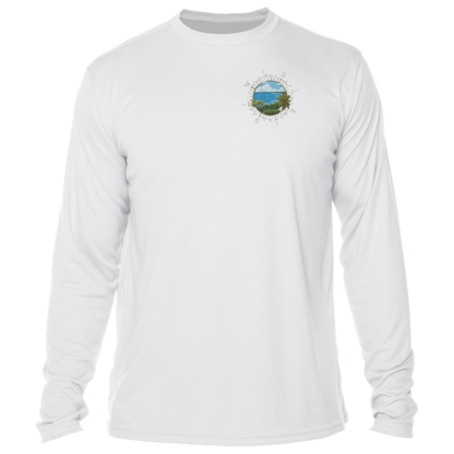 A white long-sleeve rash guard with an image of a mountain and a lake.