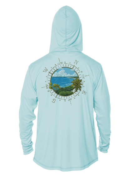 A light blue hoodie with an image of the ocean and a compass, perfect for outdoor enthusiasts.