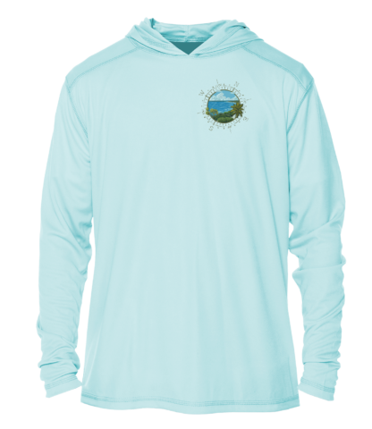 A light blue hoodie with an image of a mountain and a lake, perfect for outdoor activities.