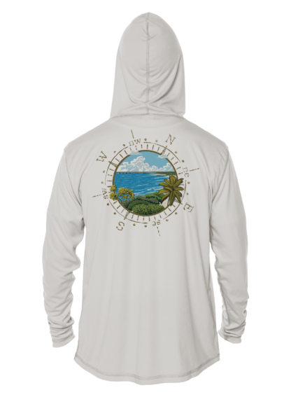 A white hoodie with an image of the ocean and a compass.