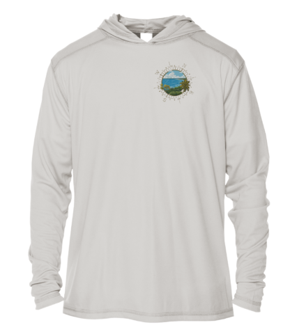 A white hoodie with an image of a mountain and a lake, perfect for outdoor performance.