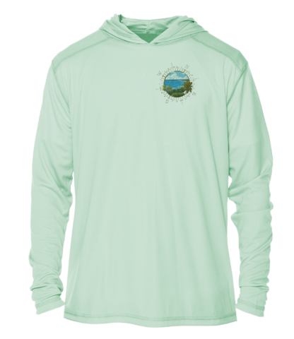 A green men's hoodie with a mountain and lake design.