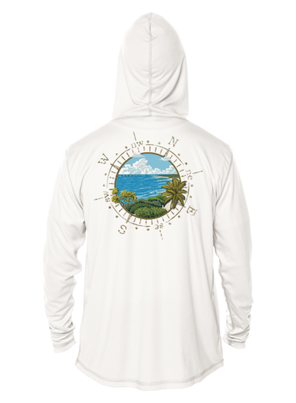 A white hoodie with an image of the ocean and a compass, suitable as a sun shirt.