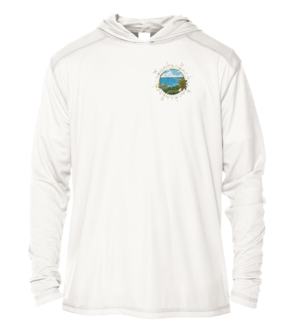 A white hoodie with an image of a mountain and a lake, perfect for outdoor enthusiasts.