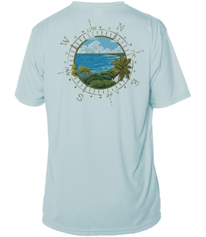 A light blue UV shirt with a compass and a view of the ocean.