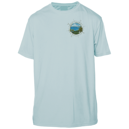 A light blue UV shirt with an image of the ocean and mountains.