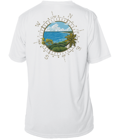 A white sun shirt with an image of the ocean and palm trees.