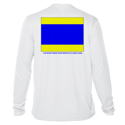 A white long-sleeve shirt with a UV-protective flag design.