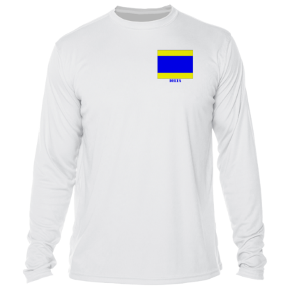 A white long-sleeve UV shirt with a blue and yellow flag on it.