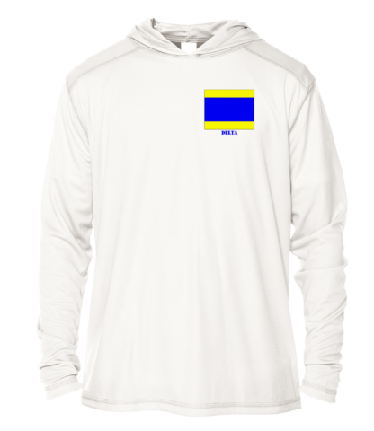 A white hoodie with a blue and yellow flag on it that can also function as a UV shirt.