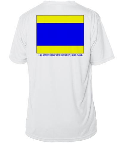 A blue and yellow delta flag sun shirt.
