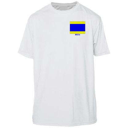 A white performance shirt with a blue and yellow delta flag on it.