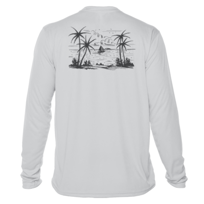 A white long sleeve rash guard with an image of a beach and palm trees.
