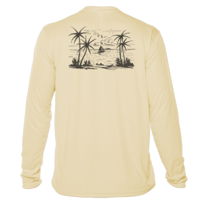A men's yellow long sleeve sun shirt with an image of a beach and palm trees.