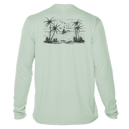 A men's UV shirt with an image of a beach and palm trees.