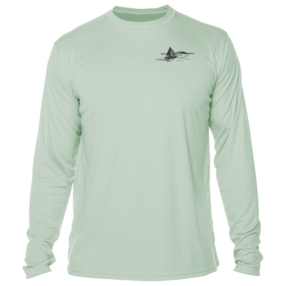 A men's green long sleeve performance shirt with an image of a sailboat.