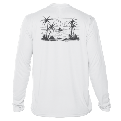 A performance shirt with an image of a beach and palm trees.